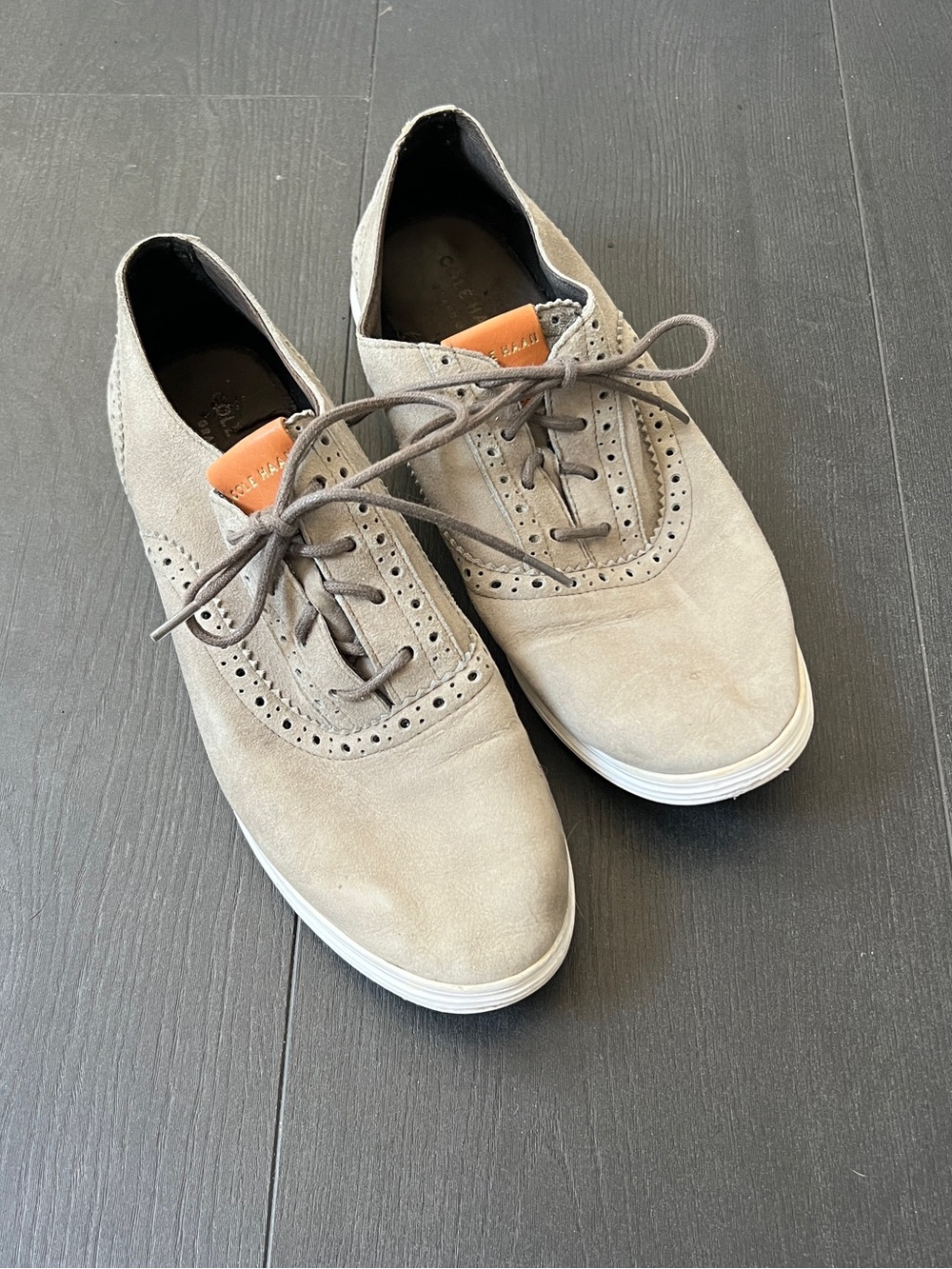 Cole Haan Taupe Suede Brogue Lace-Up Flats with Tan Accent